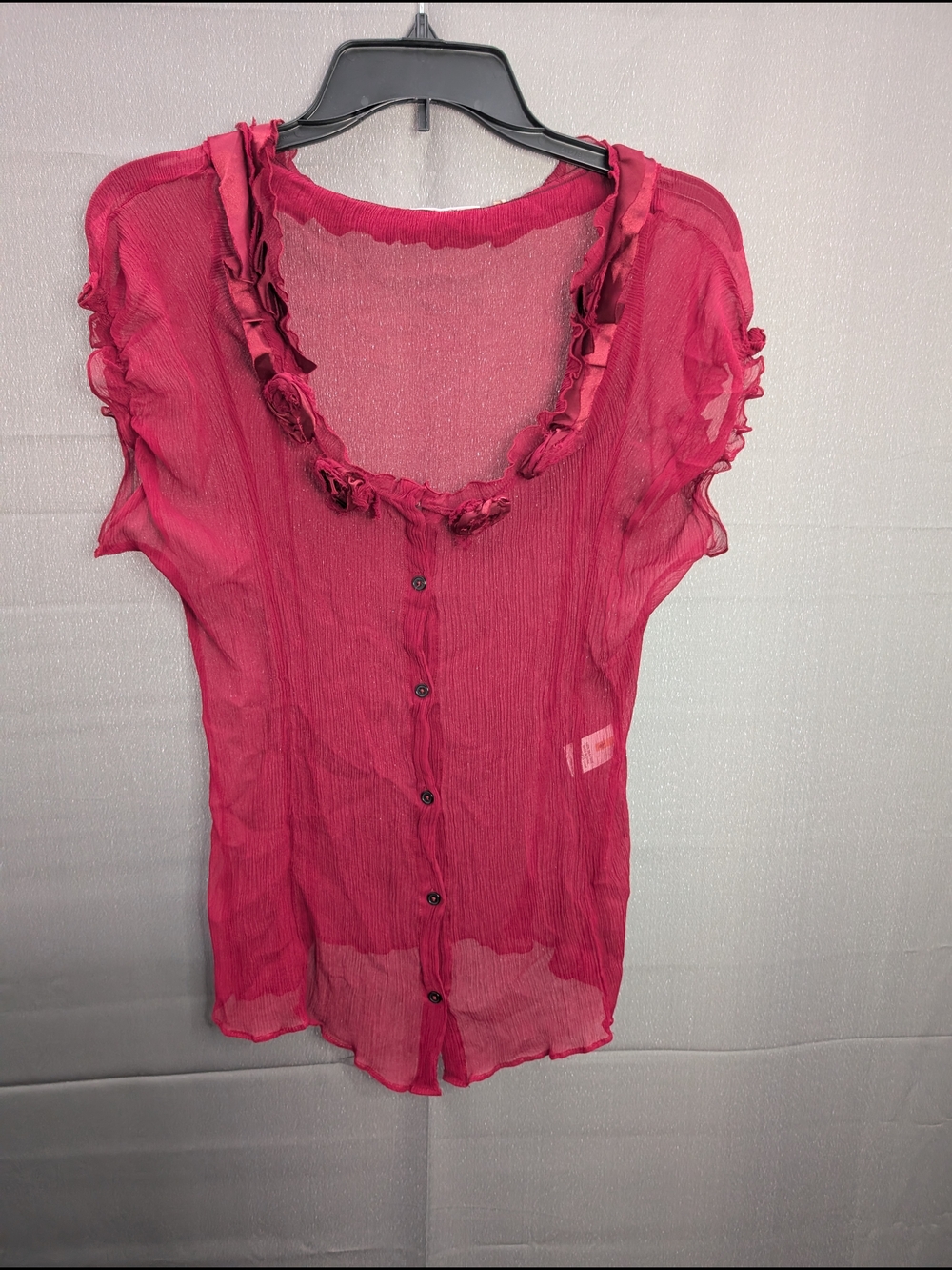 100% Silk Tahari Sheer Ruffled Short-Sleeve Button-Front Blouse in Burgundy